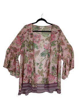 Kimono Cardigan Pink Floral Open-Front Bell Sleeves By Style & Co Womens Size L
